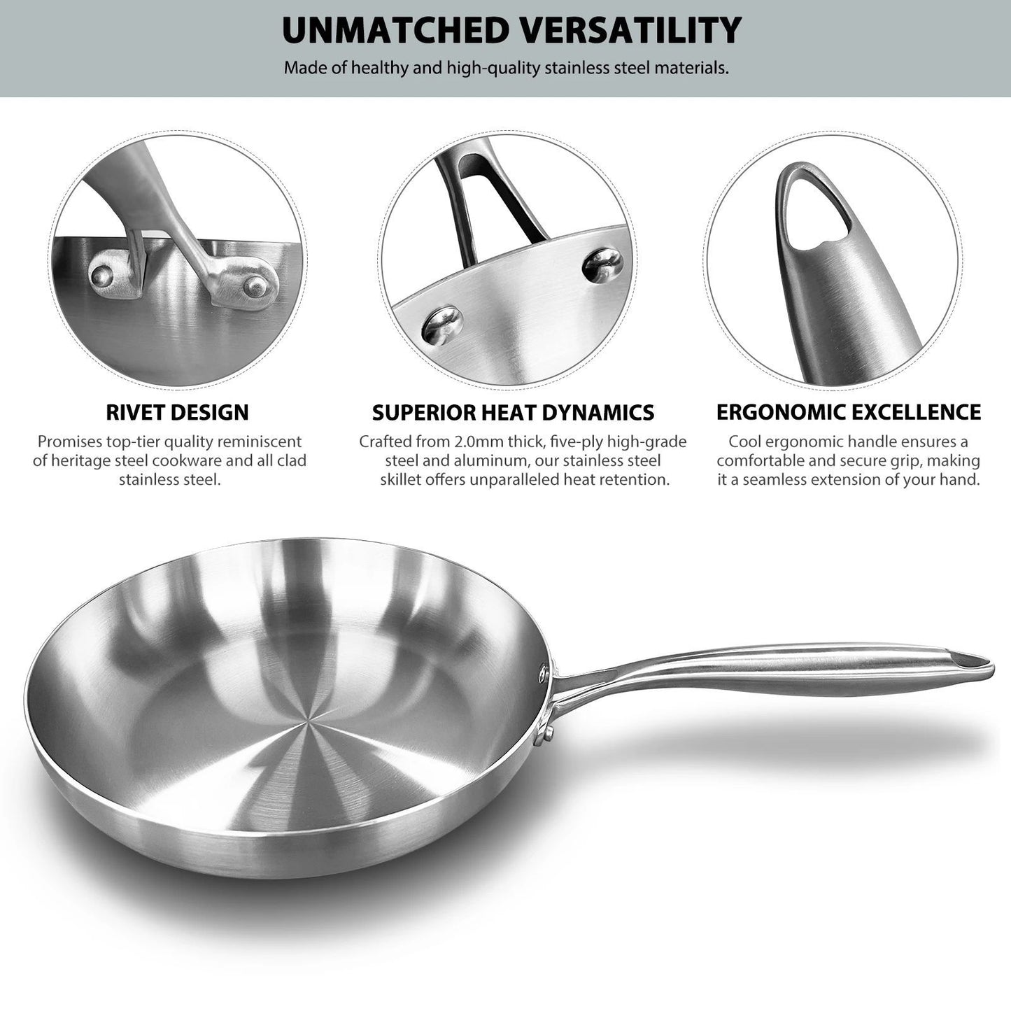 Uncoated 304 Stainless Steel Frying Pan