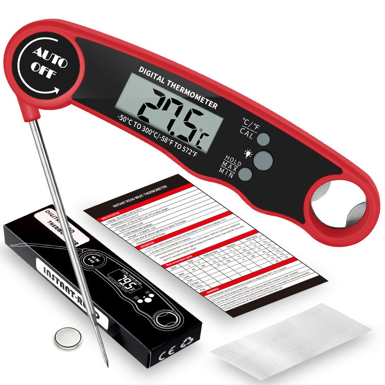 QuickFold Instant-Read Digital Food Thermometer measuring meat temperature on grill