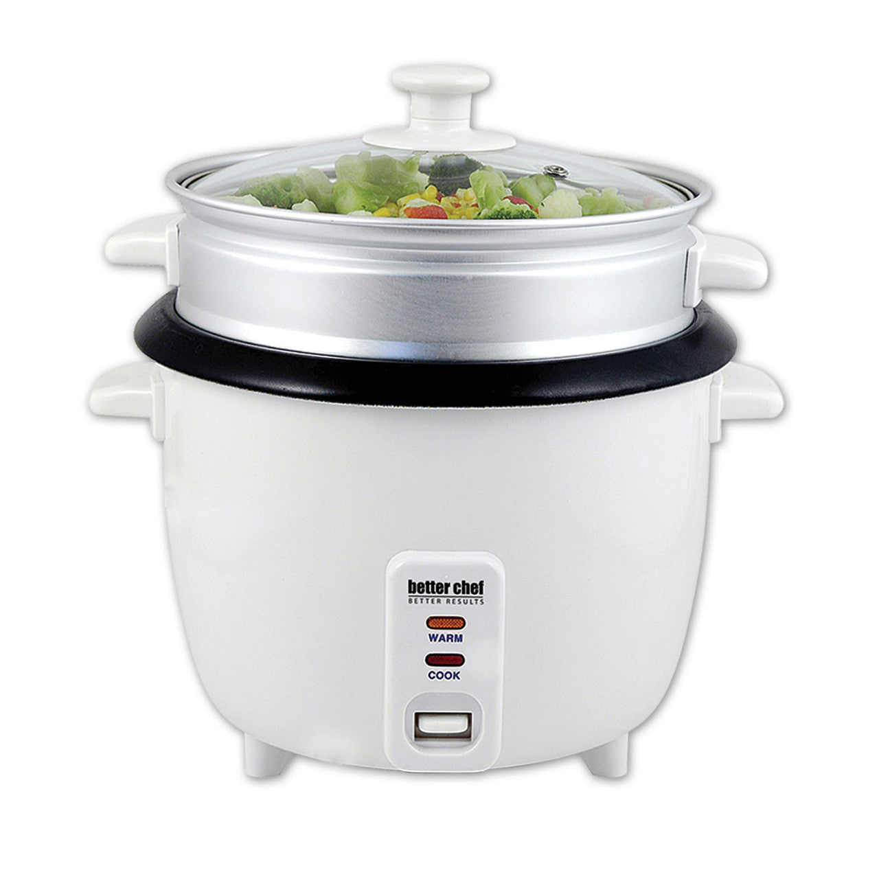 Better Chef 5-Cup Rice Cooker with Food Steamer – compact white rice cooker with steaming tray.