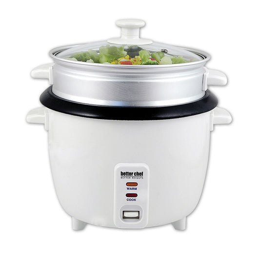 Better Chef 5-Cup Rice Cooker with Food Steamer – compact white rice cooker with steaming tray.
