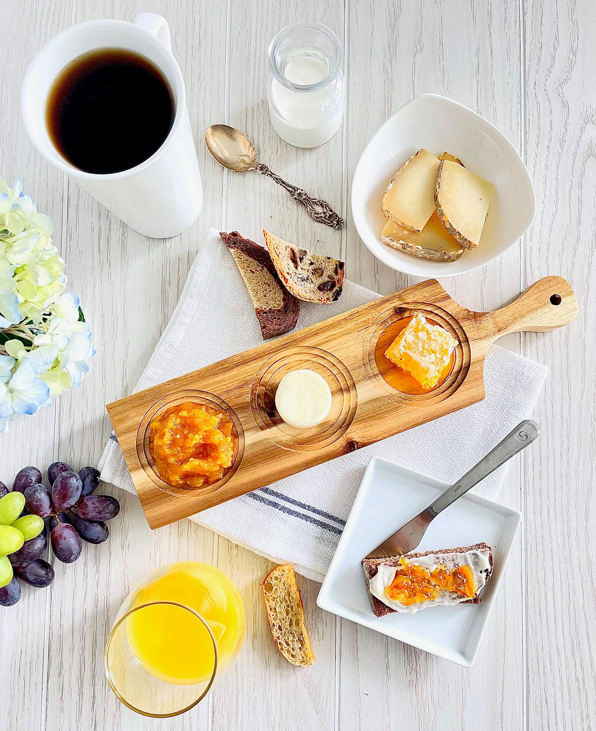 Flight Board - acacia wood serving board with glasses and snacks