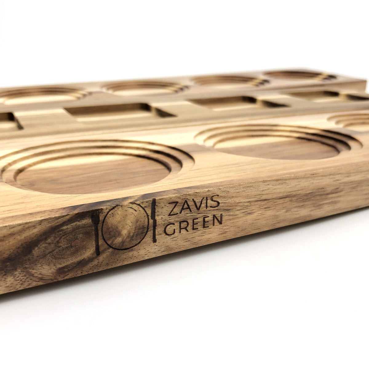 Flight Board - zavis green acacia flight board engraved logo close up
