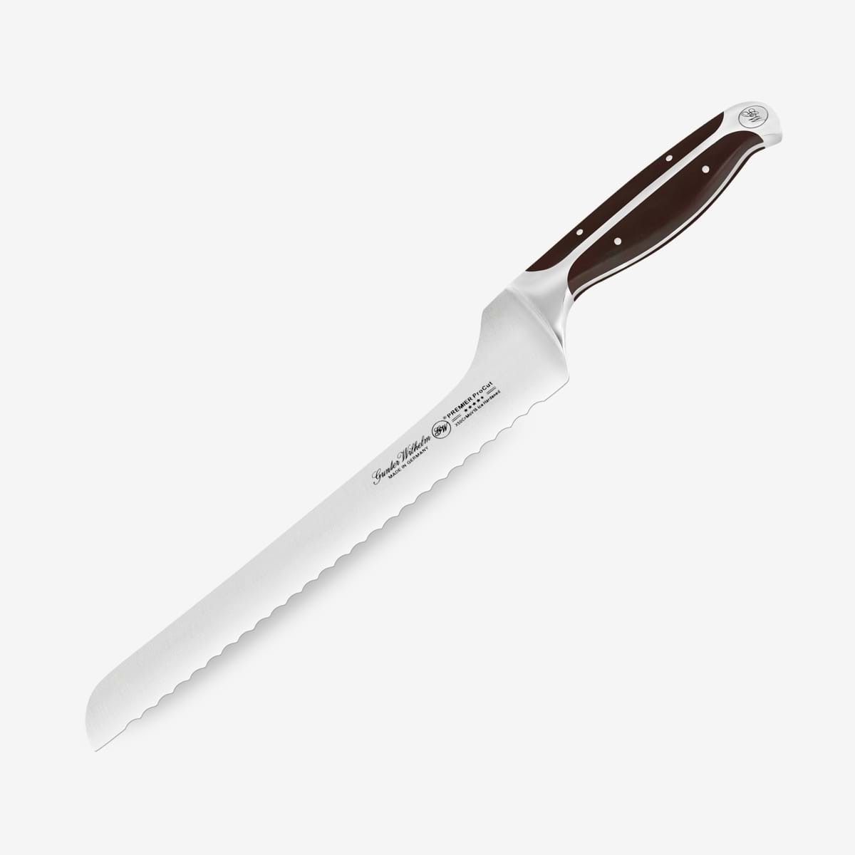 Gunter Wilhelm Premier serrated bread knife — full view with offset handle, 9.5 inch