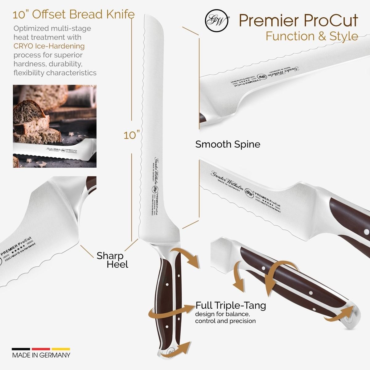 Gunter Wilhelm Premier serrated bread knife slicing sourdough loaf