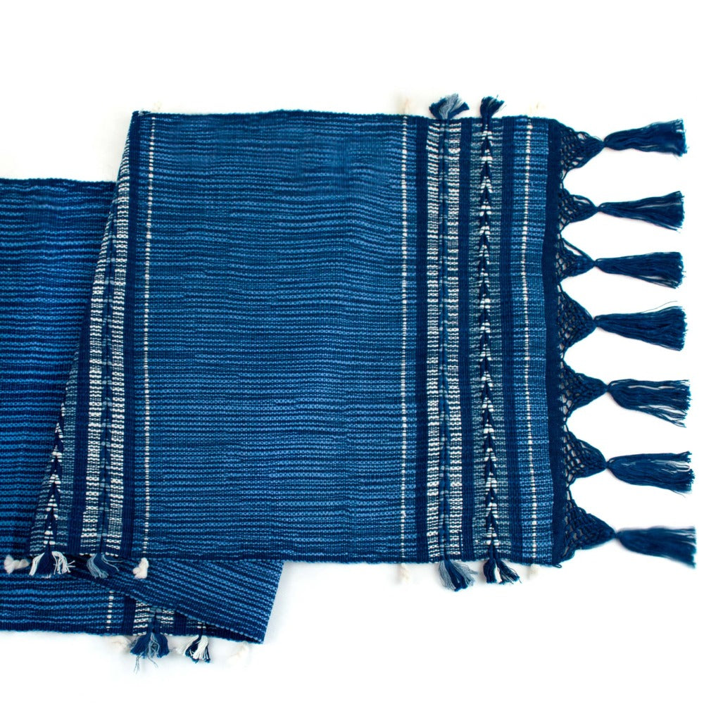 Handwoven table runner in deep indigo with an arrow motif