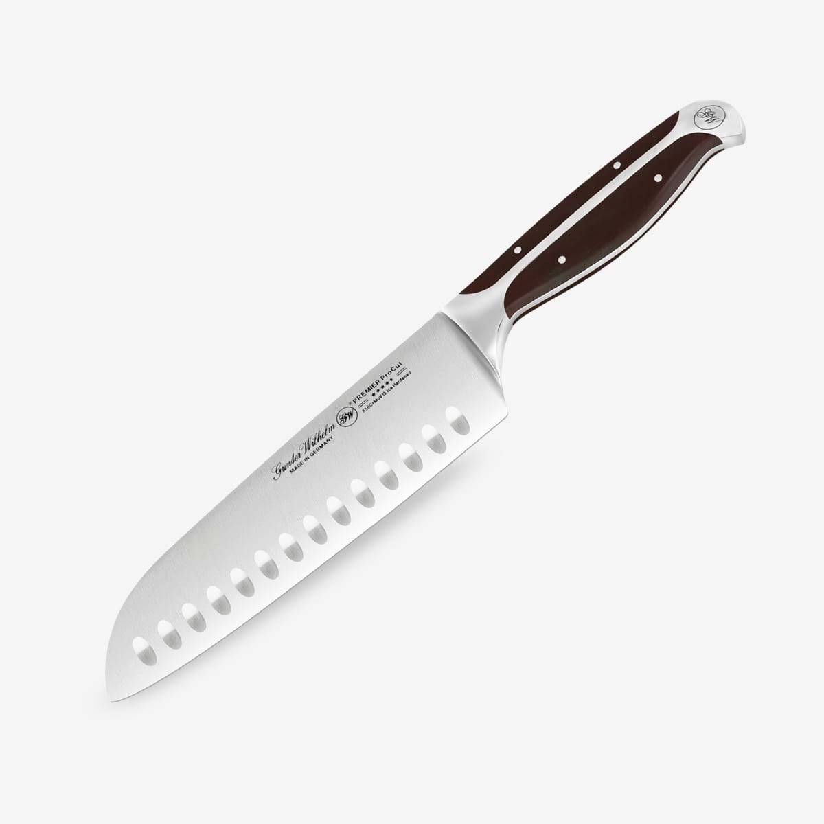 Gunter Wilhelm santoku knife uses — 7 inch Premier ProCut, dark brown ABS handle