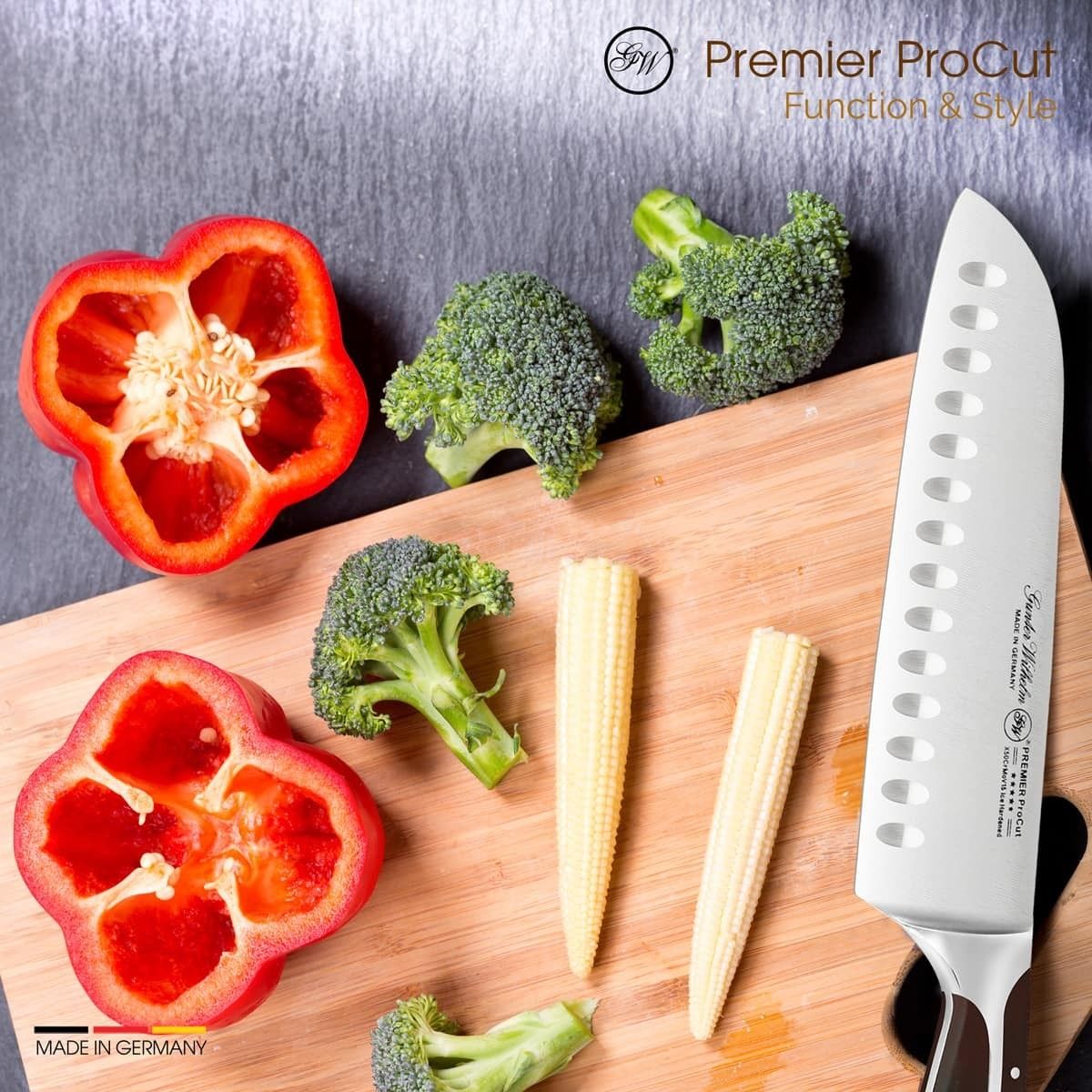 Santoku knife uses for vegetables and meat — 7 inch German steel blade