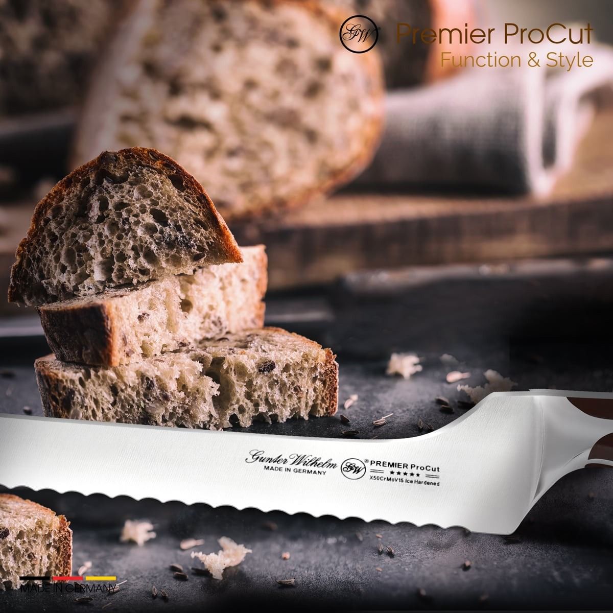 Serrated bread knife dark brown ABS handle — Gunter Wilhelm Premier Full Triple Tang