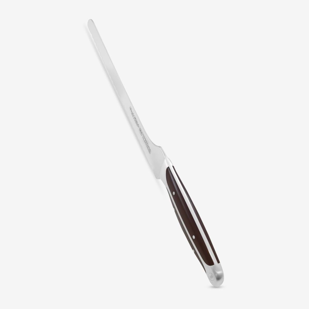 Serrated bread knife offset design — knuckle clearance and precision grip