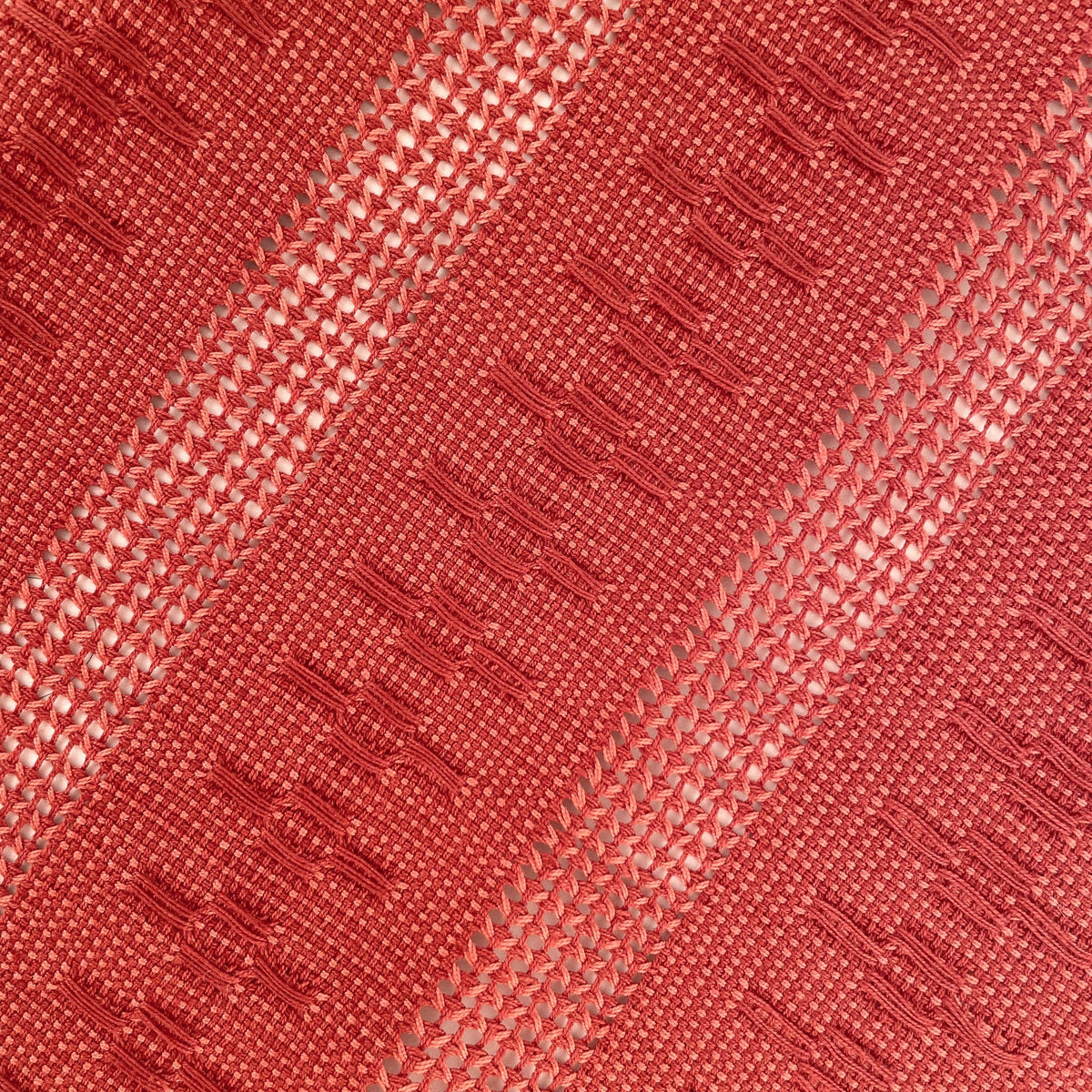Table dressing detail of the Calado cutwork pattern in terracotta